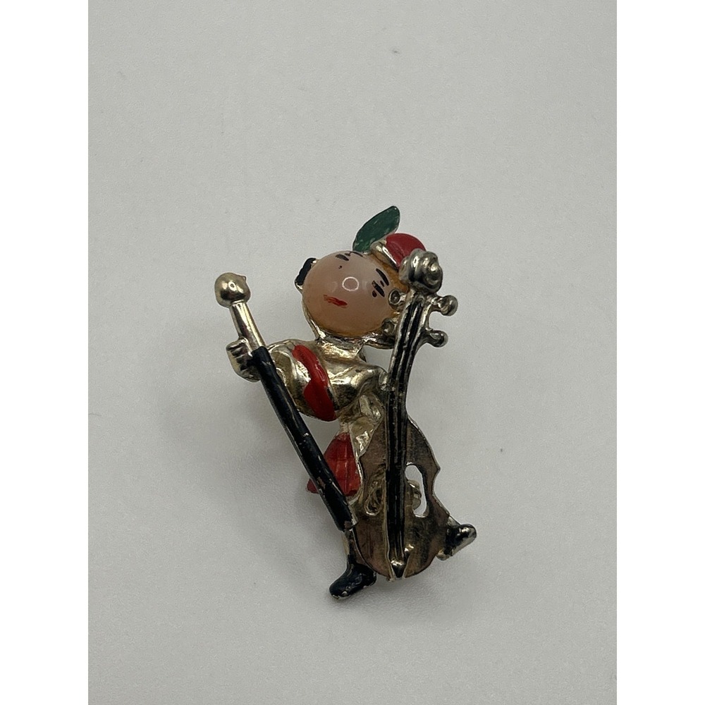 Vintage‎ Enamel Figural Musician Cello Brooch Pin Red Green Gold Tone Jewelry